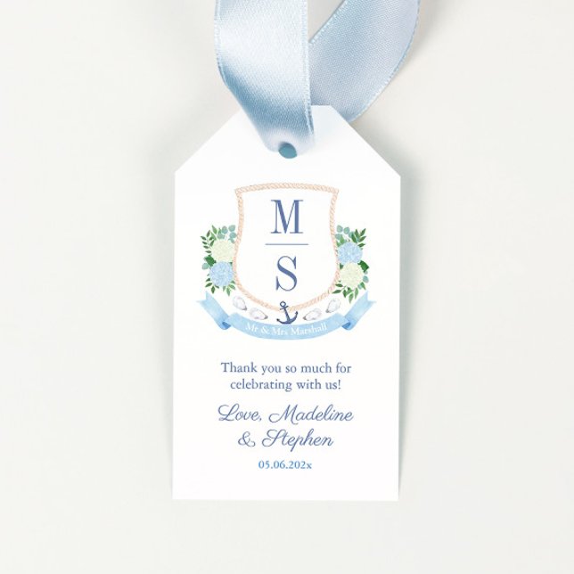 Elegant Coastal Monogram Wedding Favour Tags (Elegant coastal crest couples monogram wedding shower favor tags)