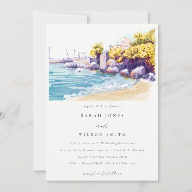 Elegant Coastal Sand Beach Rocky Seascape Wedding Invitation (Front)