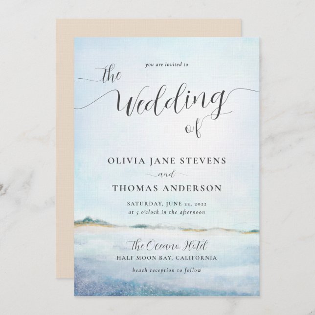 Elegant Coastal Watercolor Summer Beach Wedding Invitation (Front/Back)