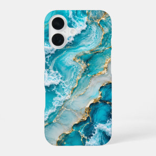Elegant Coastal Wave Marble Gold Foil iPhone 16 Case