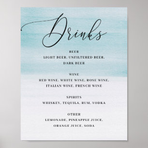 Elegant Coastal Wedding   Blue Watercolor Drinks Poster