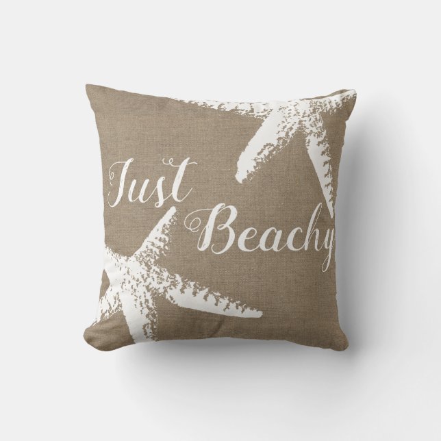 Elegant Coastal White Starfish & Faux Burlap Cushion (Front)
