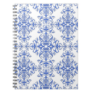 Elegant Cobalt Blue and White Floral Style Damask Spiral Notebook