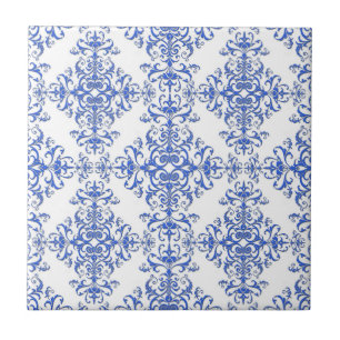 Elegant Cobalt Blue and White Floral Style Damask Tile