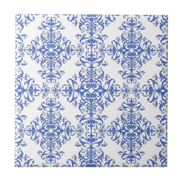 Elegant Cobalt Blue and White Floral Style Damask Tile (Front)