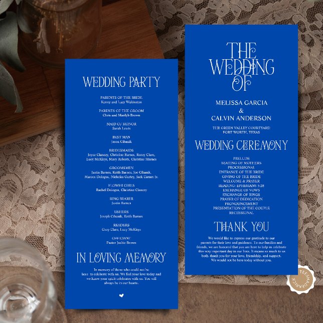 Elegant Cobalt Blue Typography Wedding Program Programme (Elegant Cobalt Blue Typography Modern Romantic Wedding Program Card)