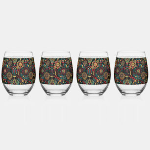 Elegant Cobalt "Heritage-Inspired Patterns" 16oz S Stemless Wine Glass
