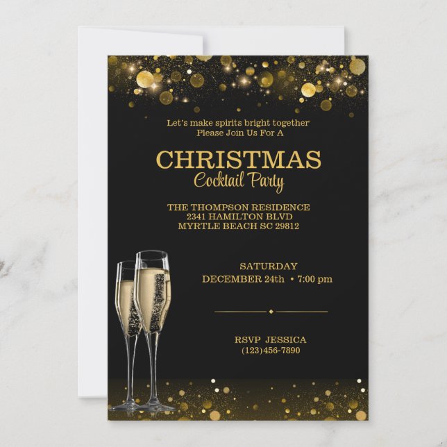 Elegant Cocktail Christmas Black Gold Party  Invitation (Front)
