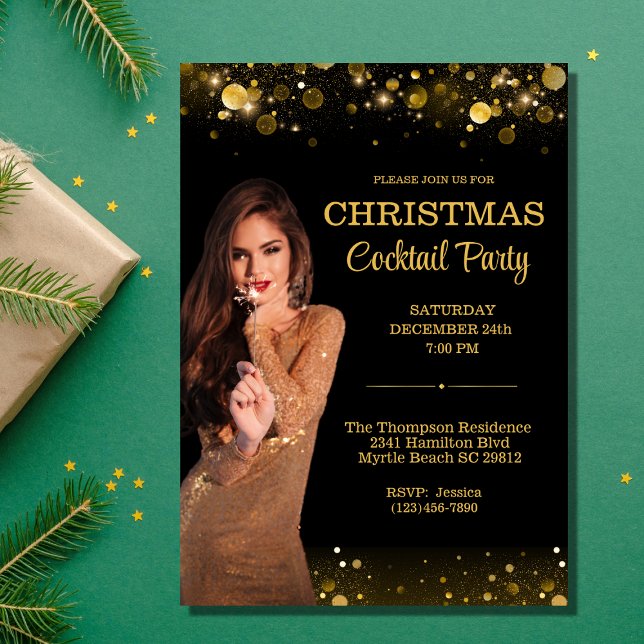 Elegant Cocktail Christmas Black Gold Party  Invitation (Creator Uploaded)
