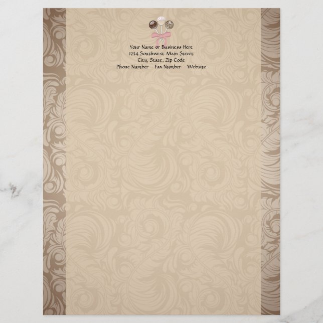 Elegant Cocoa Damask Cake Pop Letterhead (Front)