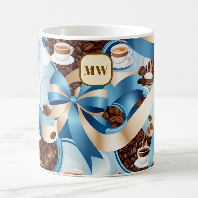 Elegant coffee blue ribbon bows monogram mug (Creator Uploaded)