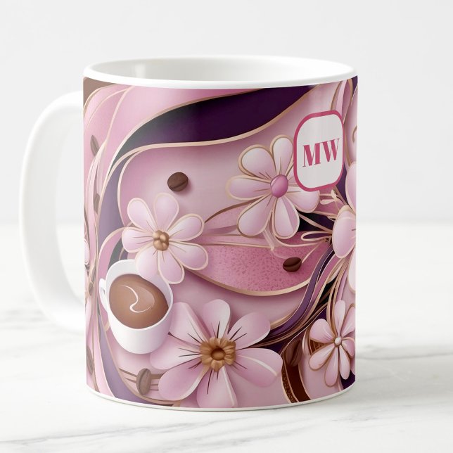 Elegant coffee pink flowers & ribbon monogram coffee mug (Creator Uploaded)