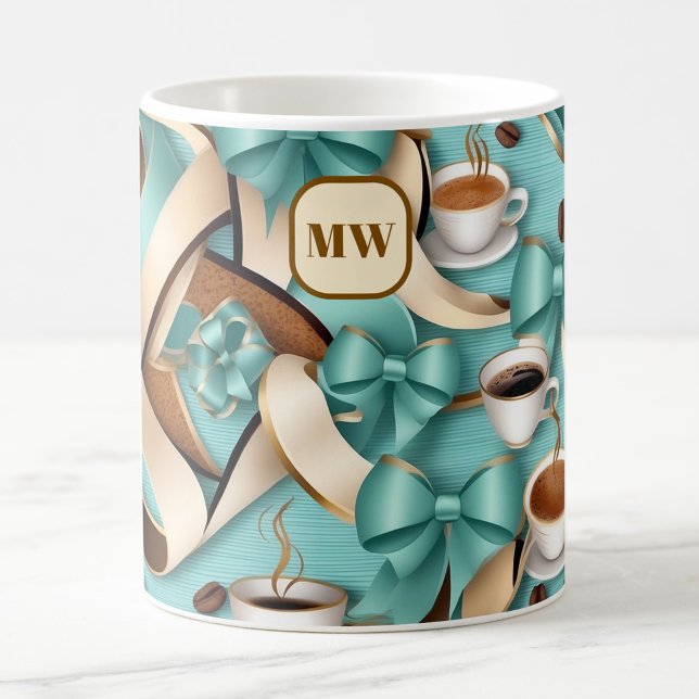 Elegant coffee teal ribbon bows monogram mug (Creator Uploaded)