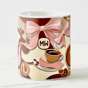Elegant coffee-themed ribbons, bows monogram coffee mug