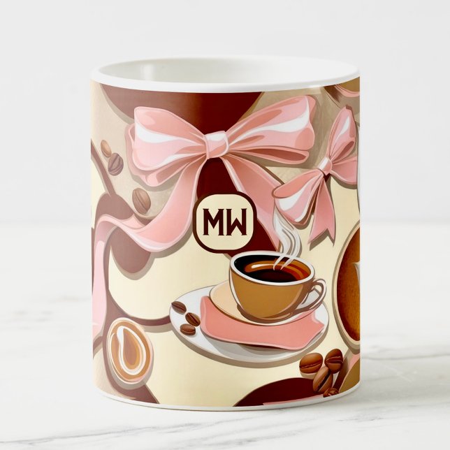 Elegant coffee-themed ribbons, bows monogram coffee mug (Creator Uploaded)