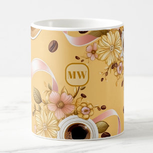 Elegant coffee yellow flowers & ribbon monogram mug
