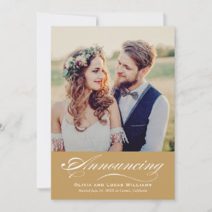 Elegant Cognac Script Wedding Photo Marriage Announcement
