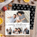 Elegant Collage Black White Snowflakes Christmas Holiday Card<br><div class="desc">Elegant Modern Calligraphy Minimalist Snowflakes Black and White 4 Photo Collage Merry Christmas Calligraphy Script Holiday Card. This festive, mimimalist, whimsical four (4) photo holiday card template features a pretty photo collage and says „Merry Christmas”! The „Merry Christmas” greeting text is written in a beautiful hand lettered swirly swash-tail font...</div>