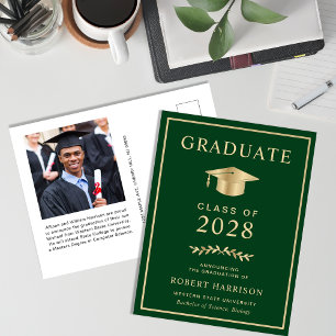 Elegant College Photo Green Gold Graduation Announcement Postcard