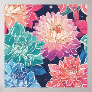 Elegant Colorful Dahlia Flowers on Dark Background Poster