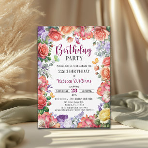 Elegant Colorful Floral 22nd Birthday Party Invitation