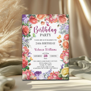 Elegant Colorful Floral 24th Birthday Party Invitation