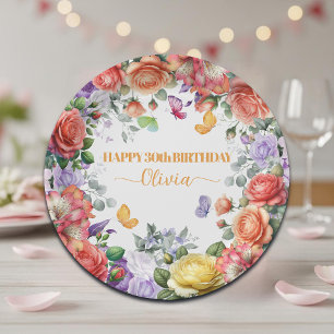 Elegant Colorful Floral 30th Birthday Party Paper Plate