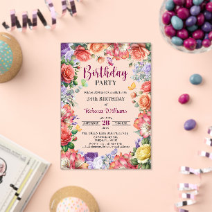 Elegant Colorful Floral 34th Birthday Party Acrylic Invitations