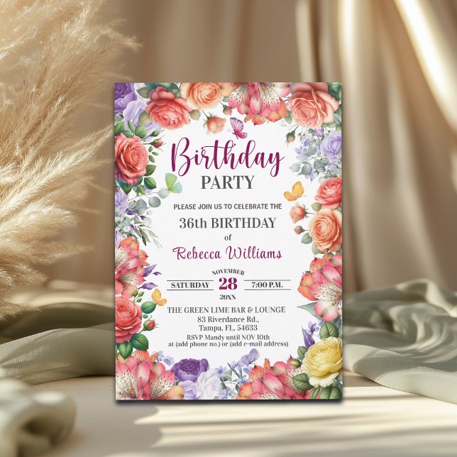 Elegant Colorful Floral 36th Birthday Party Invitation (Creator Uploaded)