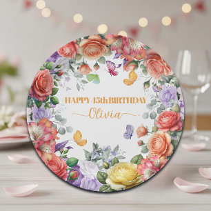 Elegant Colorful Floral 45th Birthday Party Paper Plate