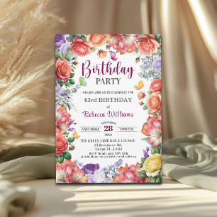 Elegant Colorful Floral 63rd Birthday Party Invitation