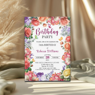 Elegant Colorful Floral 74th Birthday Party Invitation