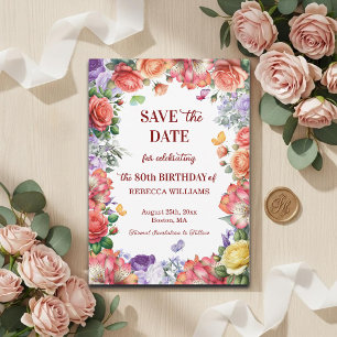 Elegant Colorful Floral 80th Birthday Party Save The Date