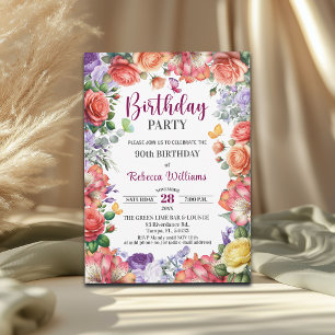 Elegant Colorful Floral 90th Birthday Party Invitation