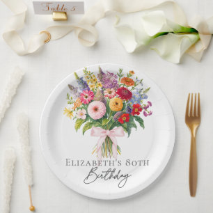 Elegant Colorful Garden Flowers Bouquet Birthday Paper Plate