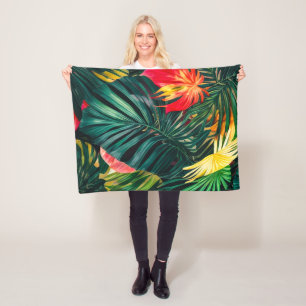 Elegant Colorful Tropical Leaves and Flowers    Fleece Blanket