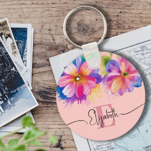 Elegant colorful watercolor floral pink monogram key ring