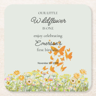 Elegant Colorful Wildflower 1st Birthday Party Square Paper Coaster