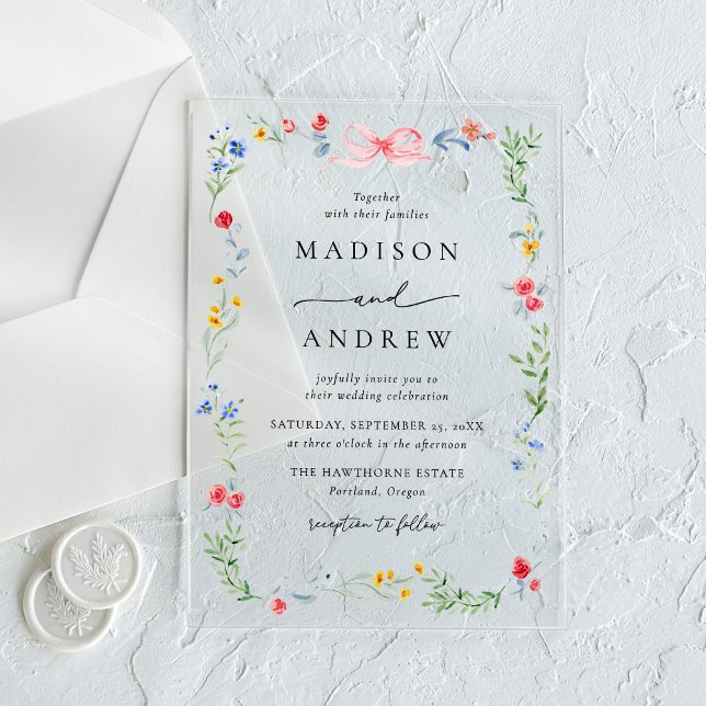 Elegant Colorful Wildflower Pink Bow Wedding Acrylic Invitations (Creator Uploaded)