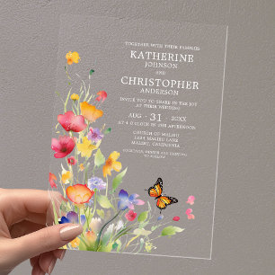 Elegant Colorful Wildflowers Butterfly Wedding Acrylic Invitations