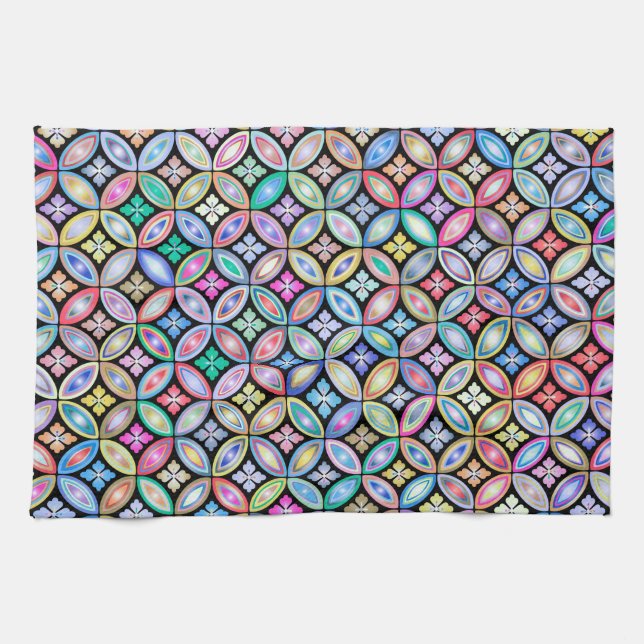 Elegant Colourful Abstract Stained Glass Pattern Tea Towel (Horizontal)