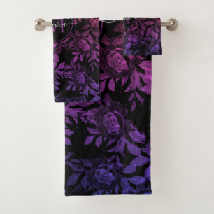 Elegant Colourful Black Watercolor Floral Monogram Bath Towel Set