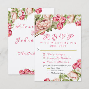Elegant Colourful Blush Pink Peonies Wedding RSVP Card