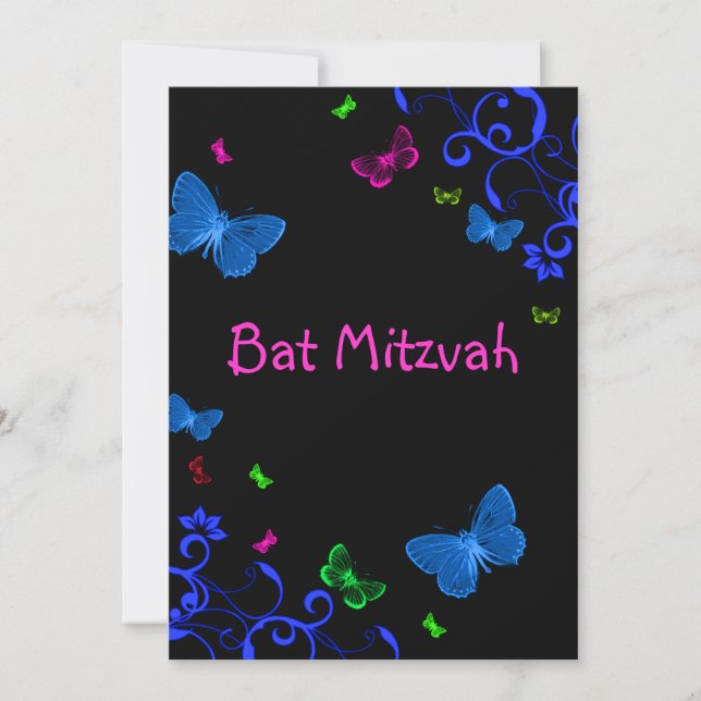 Elegant Colourful Butterflies, Custom Bat Mitzvah Invitation (Front)