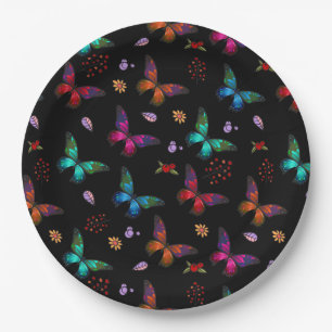 Elegant Colourful Butterflies on Black Paper Plate