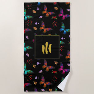 Elegant Colourful Butterflies on Black /w Monogram Beach Towel