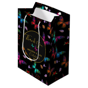 Elegant Colourful Butterflies on Black Wedding Medium Gift Bag