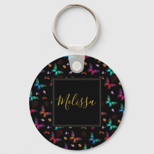 Elegant Colourful Butterflies Pattern on Black Key Ring