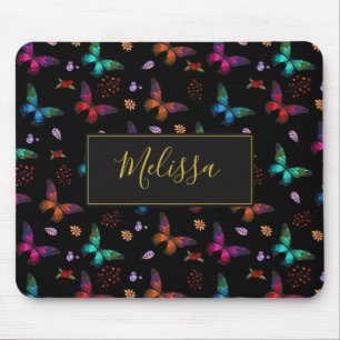 Elegant Colourful Butterflies Pattern on Black Mouse Pad