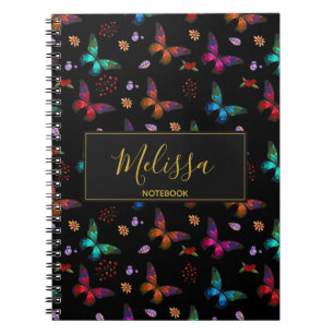 Elegant Colourful Butterflies Pattern on Black Spiral Notebook